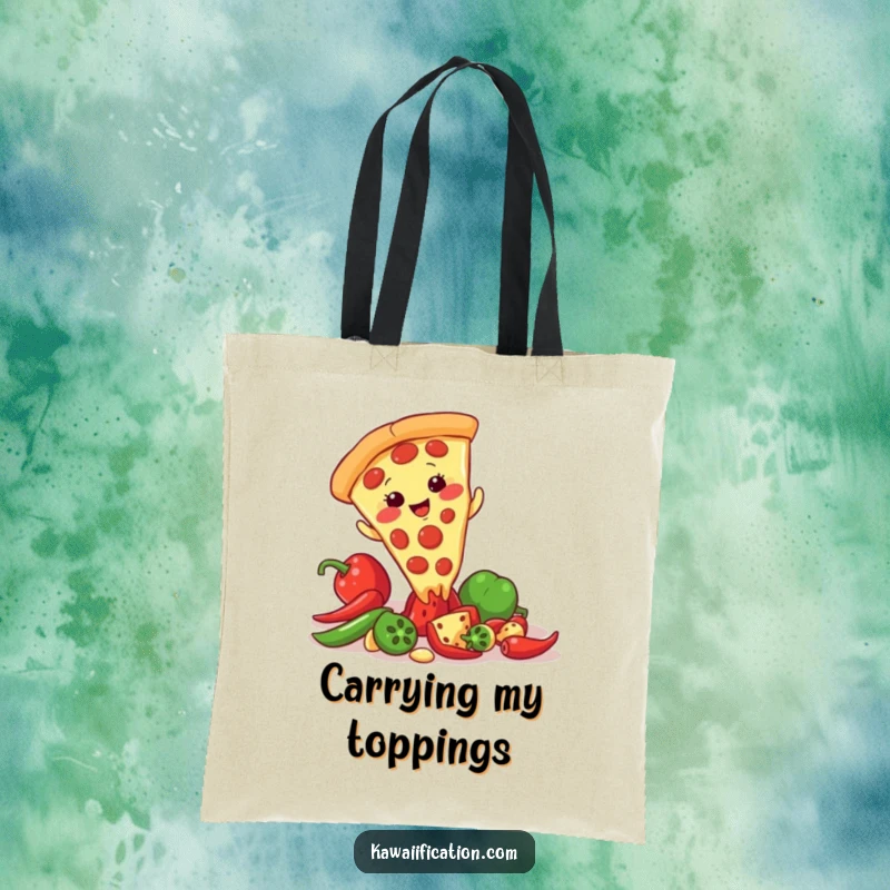 Funny tote bag featuring a giggling pizza slice character slipping on a scattered pepper, perfect for carrying groceries or picnic supplies.