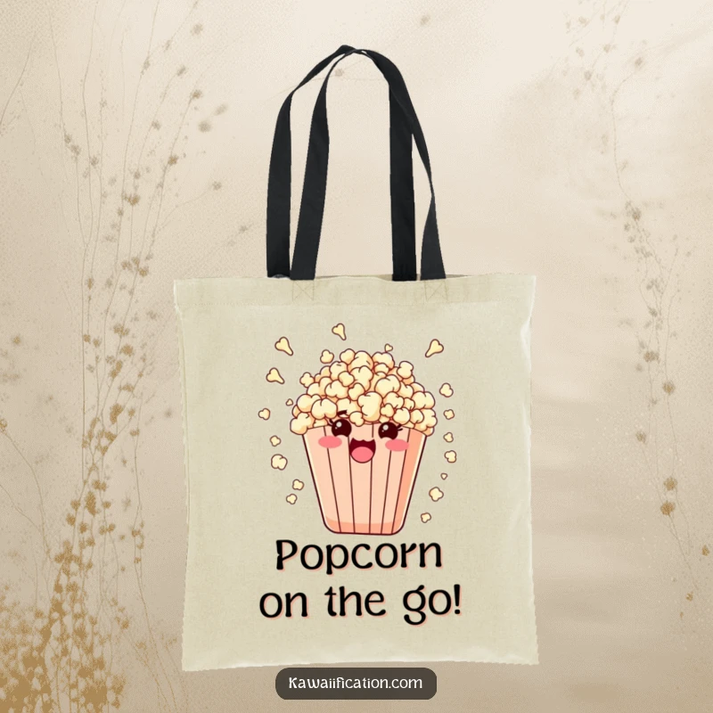 Funny tote bag illustrated with a bag of popcorn exploding outwards due to immense, comical enthusiasm.