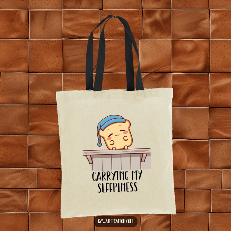 Funny sleepy bread loaf wearing a nightcap, falling off a shelf, a durable tote bag for carrying items, showcasing funny sleepiness, a funny gift.