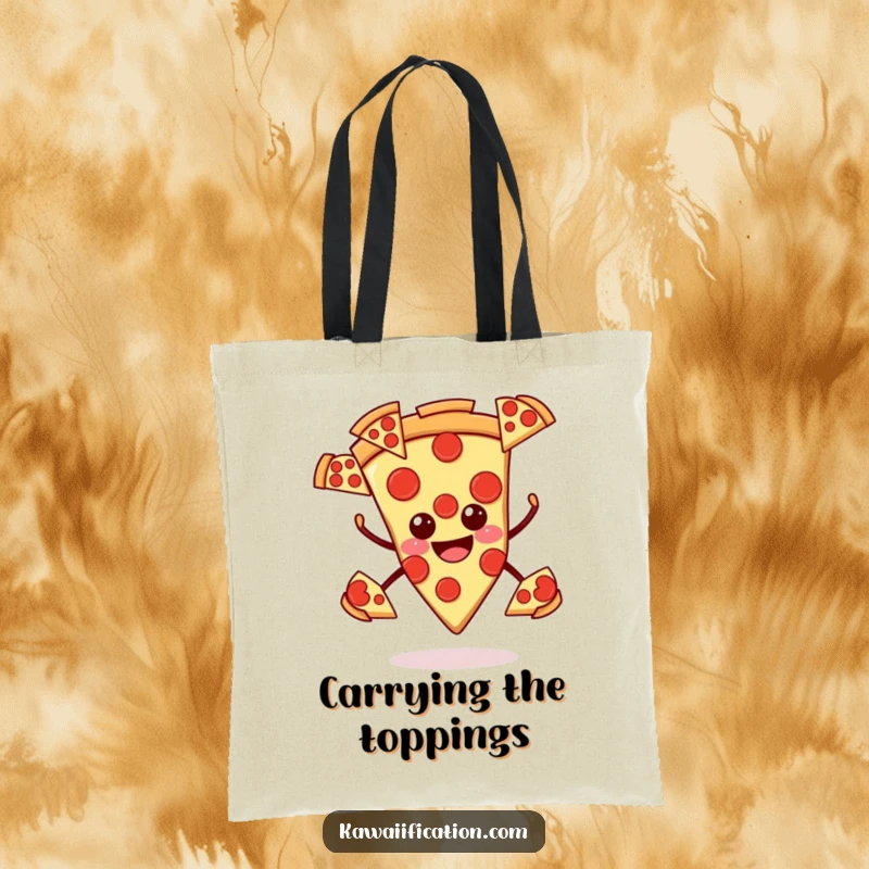 Funny pizza tote bag, smiling slice juggling pepperoni slices, a humorous and practical accessory for foodies.