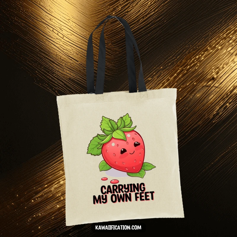 Funny Tote Bag showing a blushing strawberry tripping over its leaves, perfect for stylish and humorous carrying.
