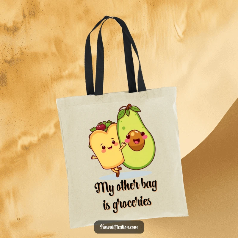 Funny tote bag illustrating a joyful taco dancing with a huge, happy avocado, perfect for carrying groceries with a humorous food theme.