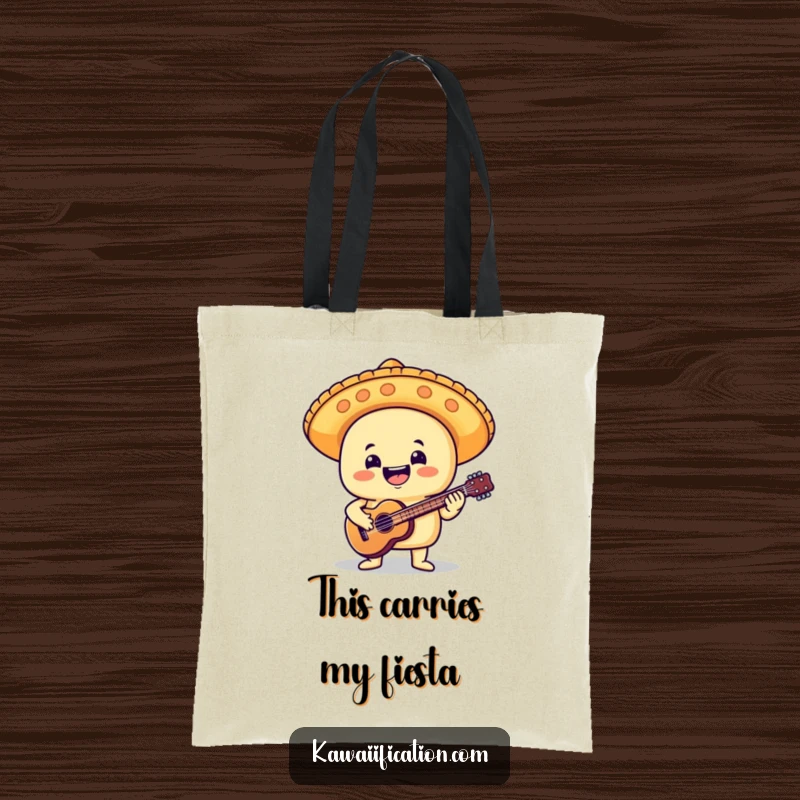 Funny tote bag showcasing a delighted taco with a mariachi hat, joyfully strumming a tiny guitar, perfect for market trips.