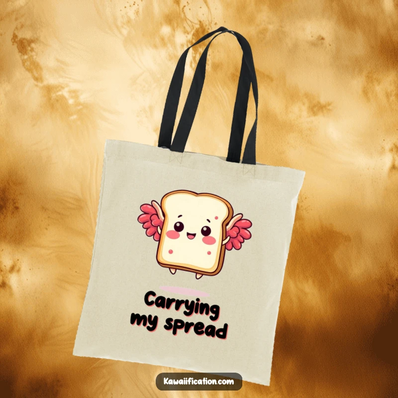 Funny tote bag showing a happy toast slice with jam wings humorously soaring through the air, ideal for daily use.