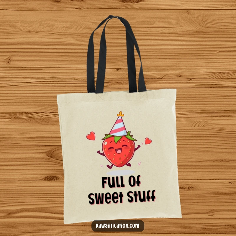 Funny tote bag with a plump strawberry in a party hat tripping, a humorous and practical accessory.