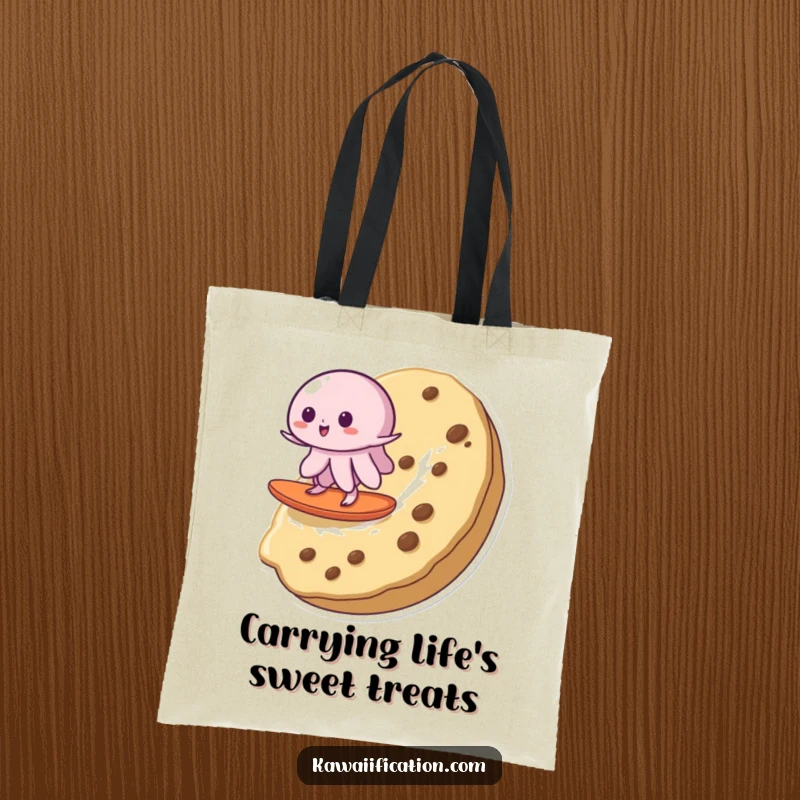 Funny tote bag illustrating a wobbly jelly surfing a delicious cookie, perfect for carrying groceries with a humorous, dessert-loving flair.