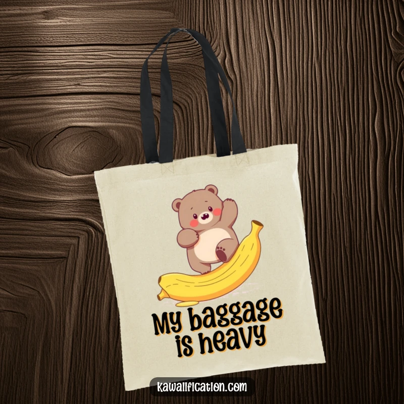 Funny tote bag featuring a plump bear comically trying to climb a slippery banana peel, a whimsical nature accessory.