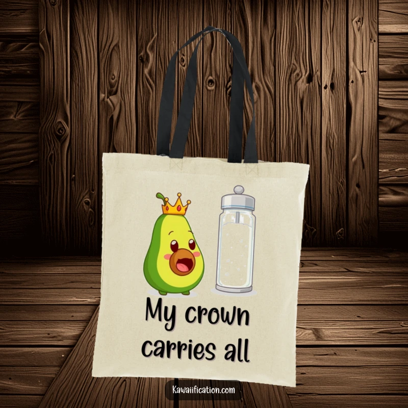Funny tote bag featuring a tiny crowned avocado looking comically surprised by a giant salt shaker, perfect for carrying essentials with humor.