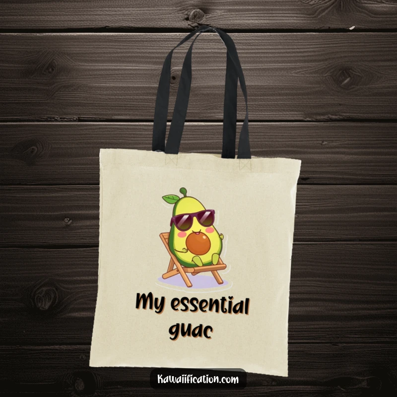Funny avocado character wearing sunglasses, lounging on a tiny beach chair, on a stylish and sturdy tote bag.