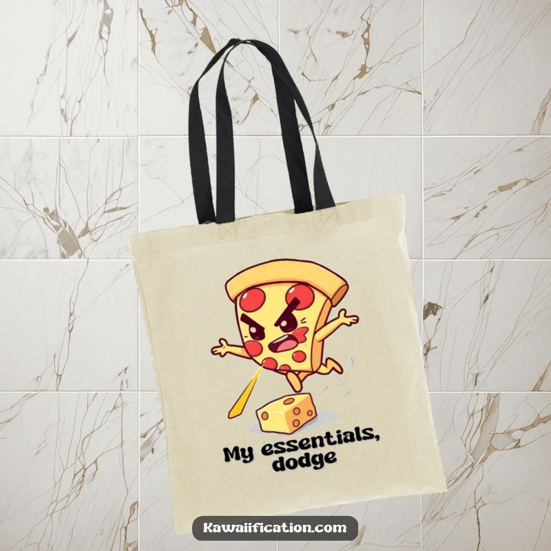 Funny tote bag showcasing a determined pizza slice character leaping over a glowing cheese laser.