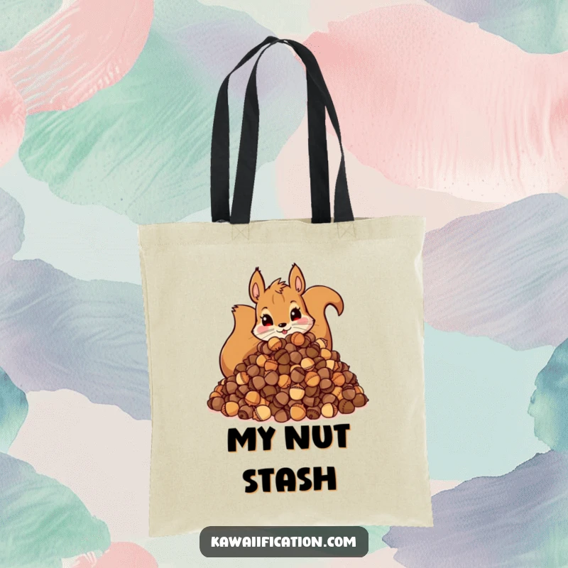 Funny Tote Bag: Illustration of a mischievous squirrel with a large pile of acorns, ideal for carrying daily items.